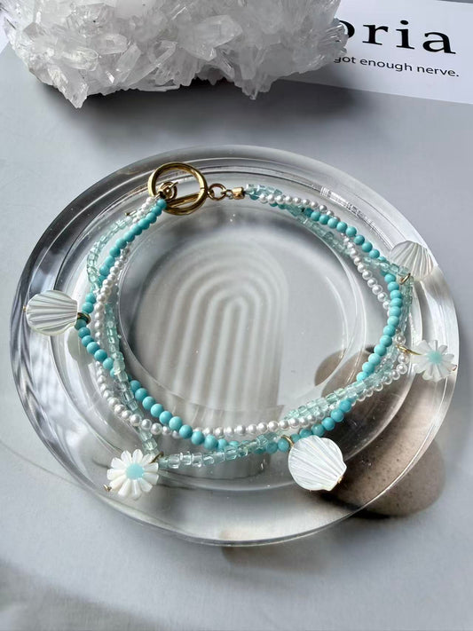 Pearl, Apatite & Turquoise with Carved Shell Charm Bracelet