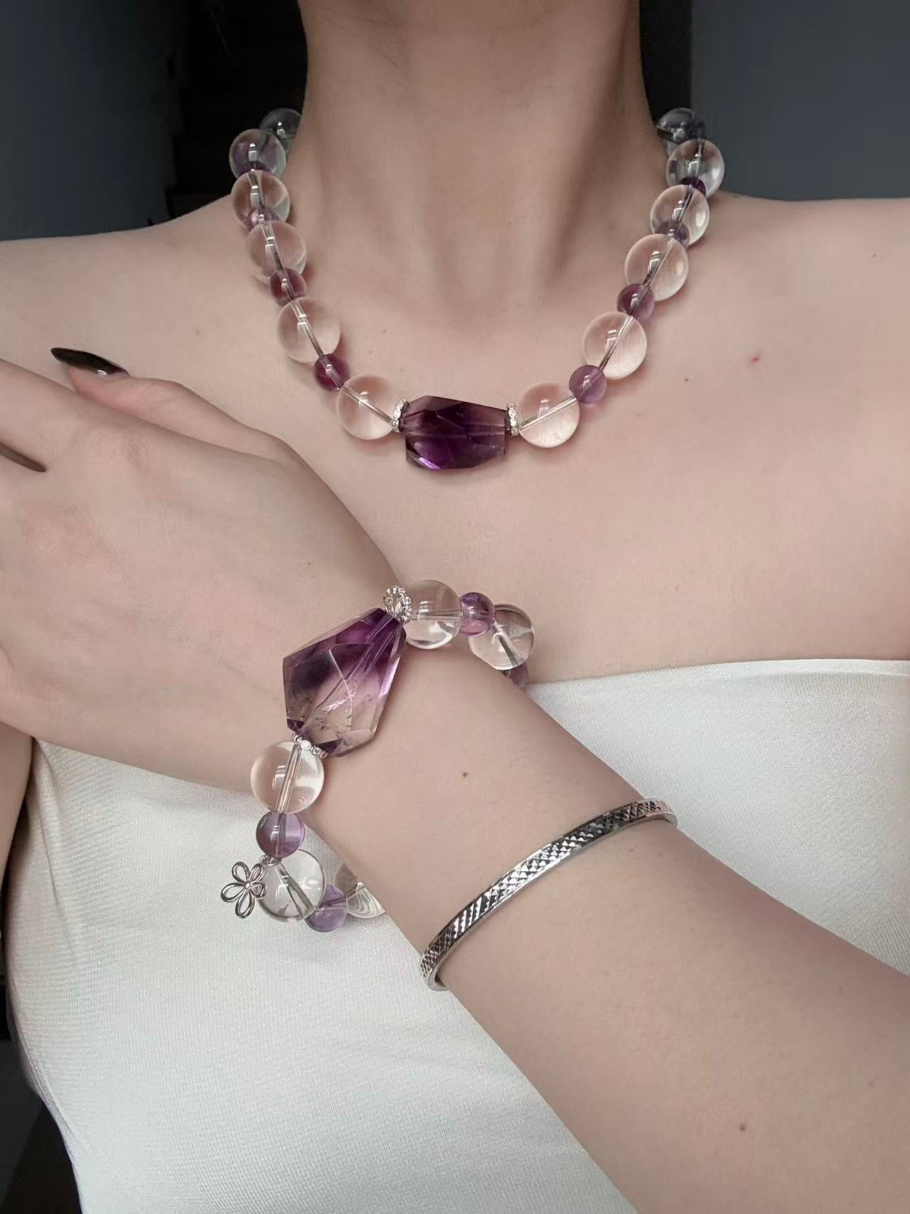 Bolivia Amethyst &2A Clear Quartz 925 Silver braclete；
