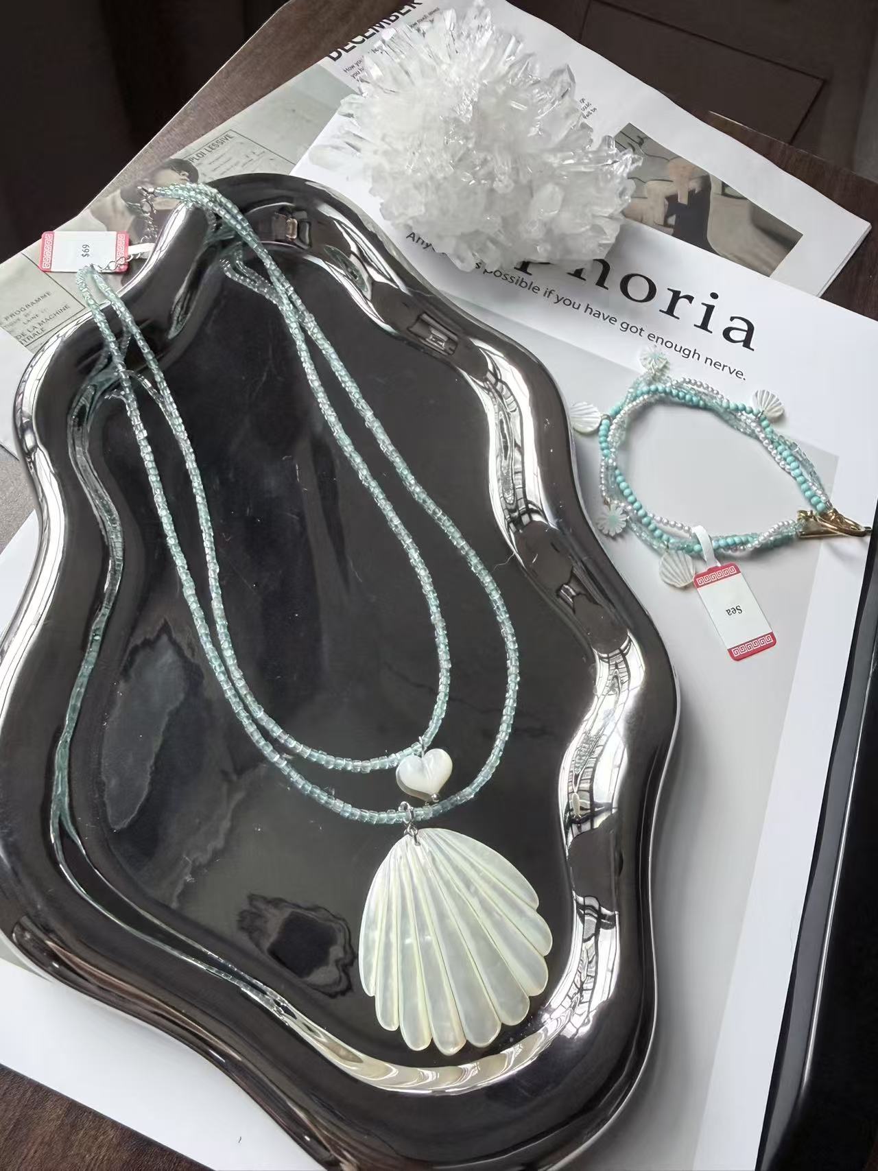 Light Blue Apatite 925 silver shell necklace