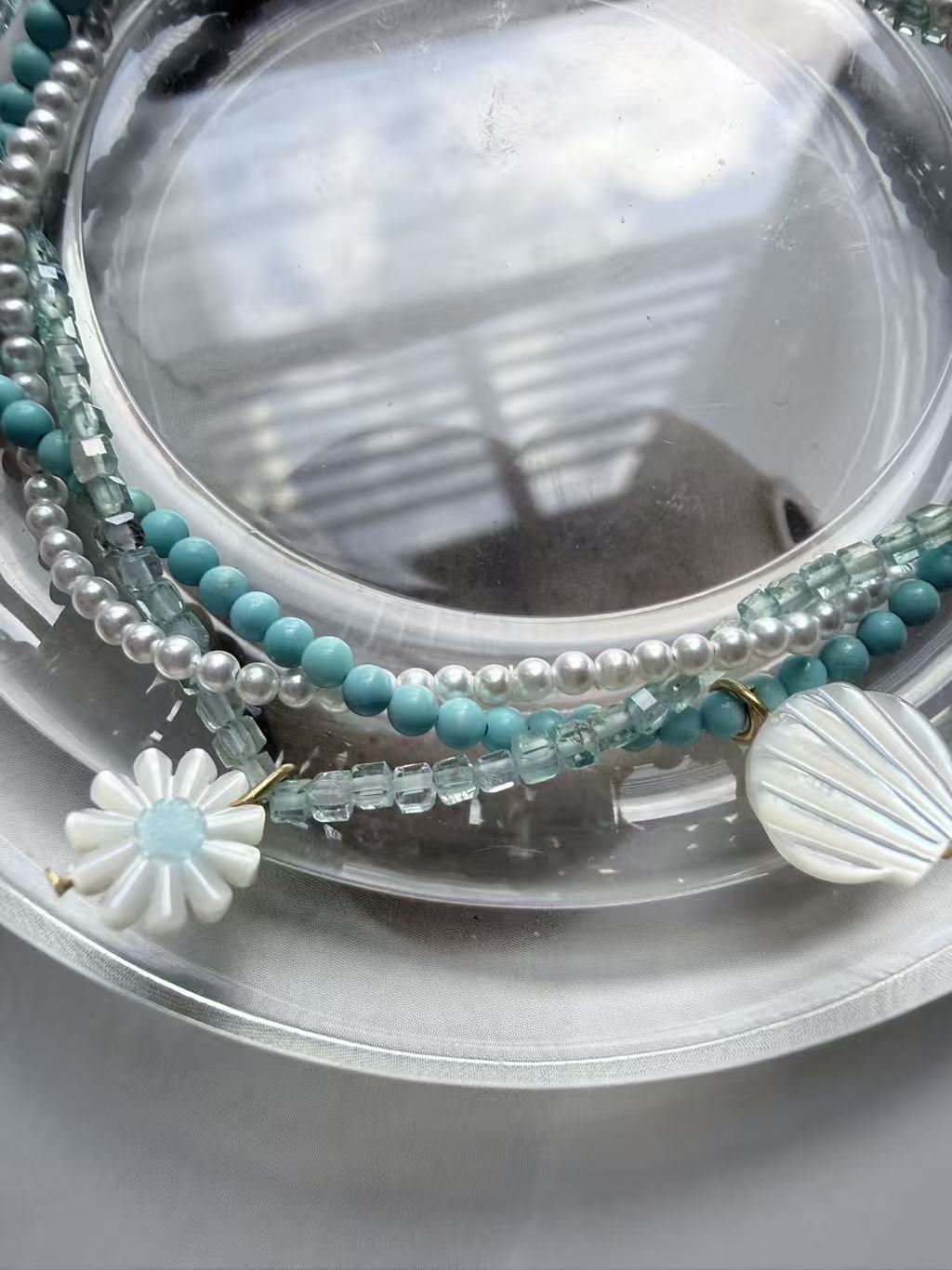 Pearl, Apatite & Turquoise with Carved Shell Charm Bracelet