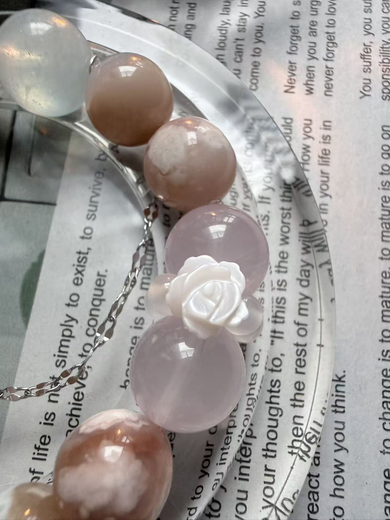 Flower Agate · Rose Quartz · Aquamarine Bracelet