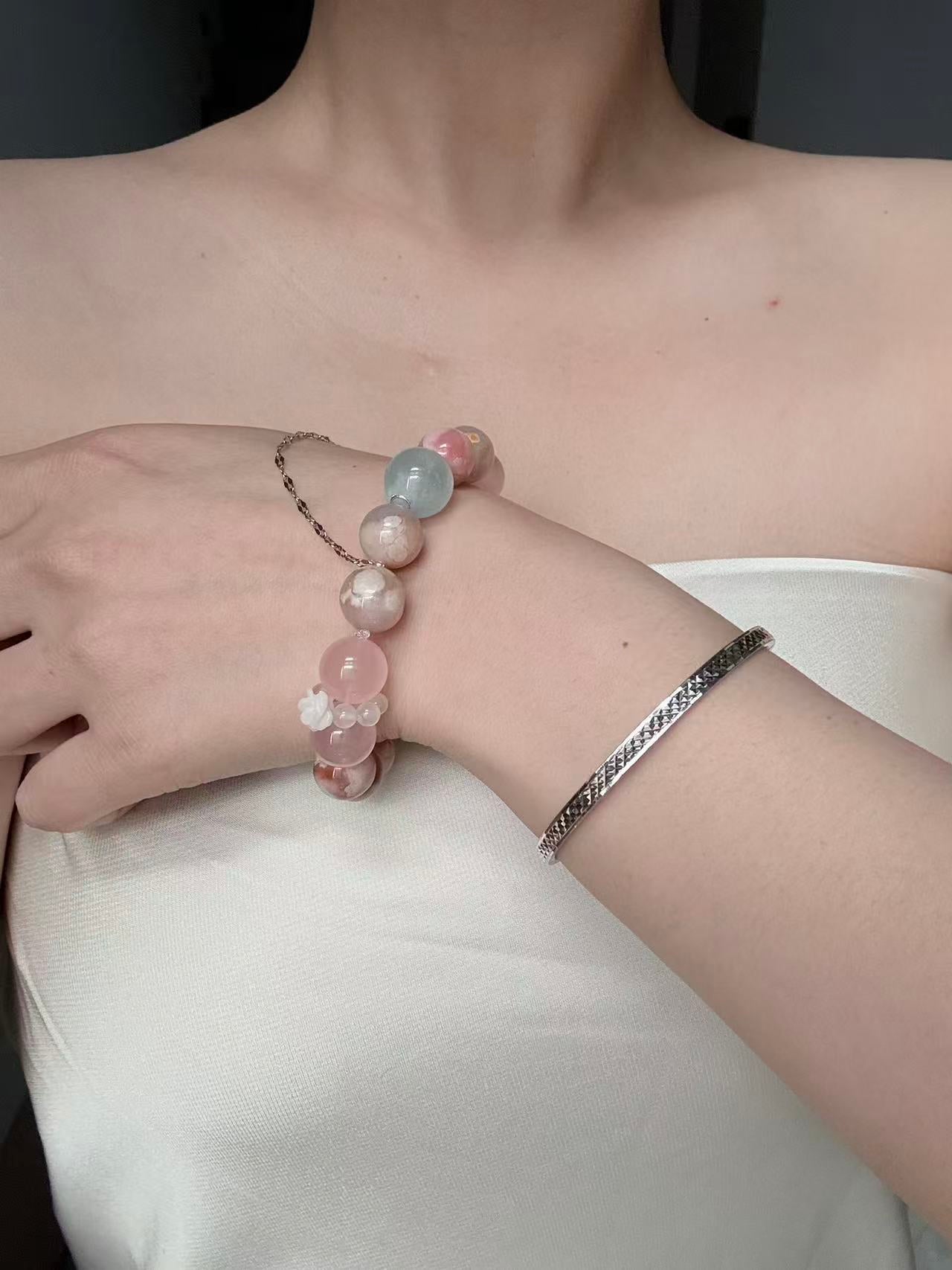 Flower Agate · Rose Quartz · Aquamarine Bracelet