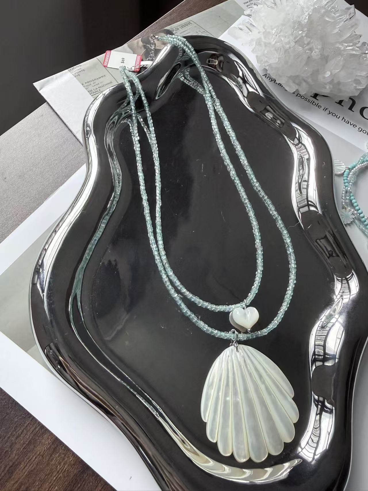 Light Blue Apatite 925 silver shell necklace