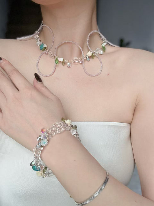 Spring vine set-Diopside,kunzite&2A clear qyartz Necklace&Bangle
