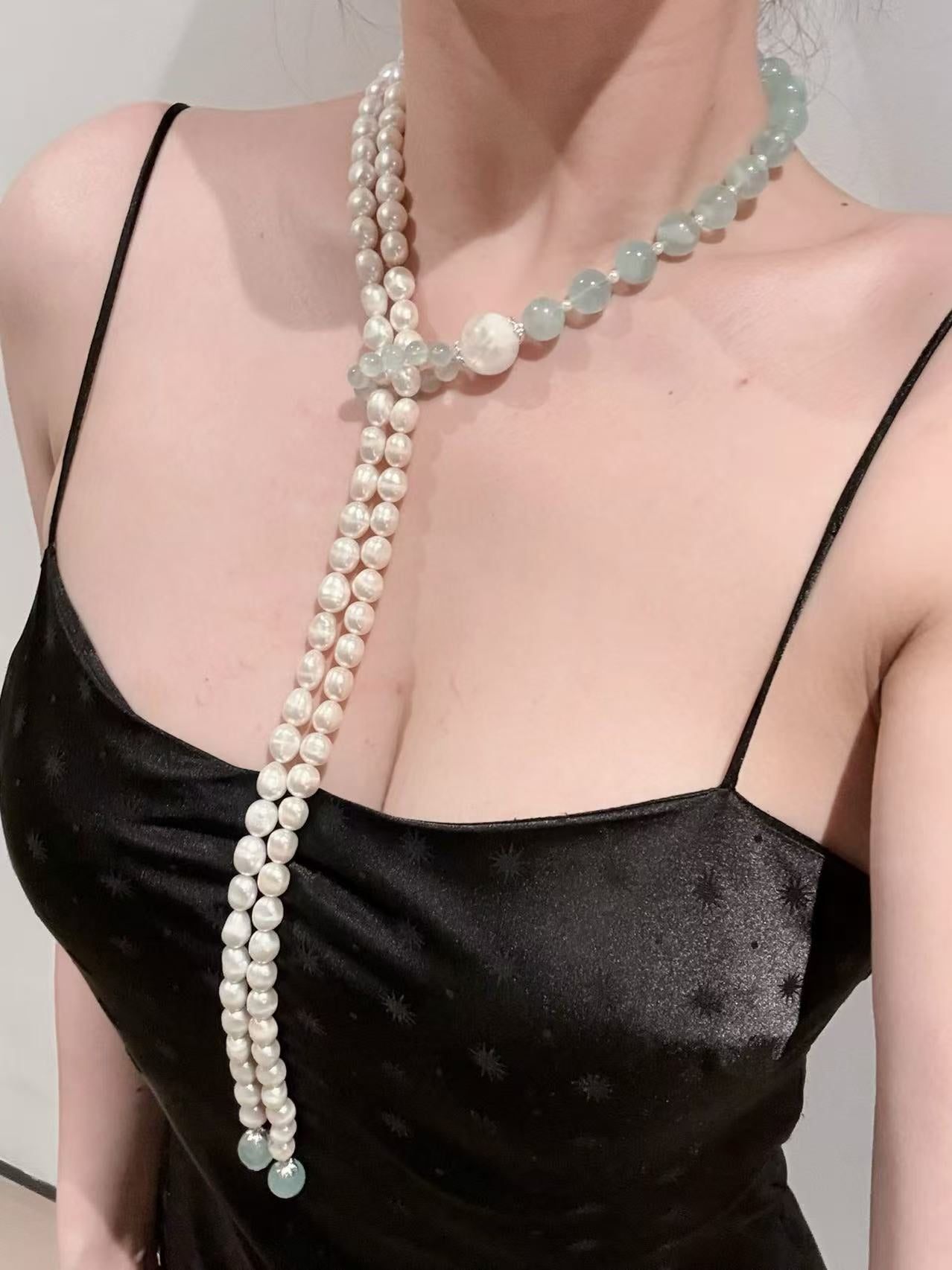 Baroque Pearl · Aquamarine · White Garden Long Necklace