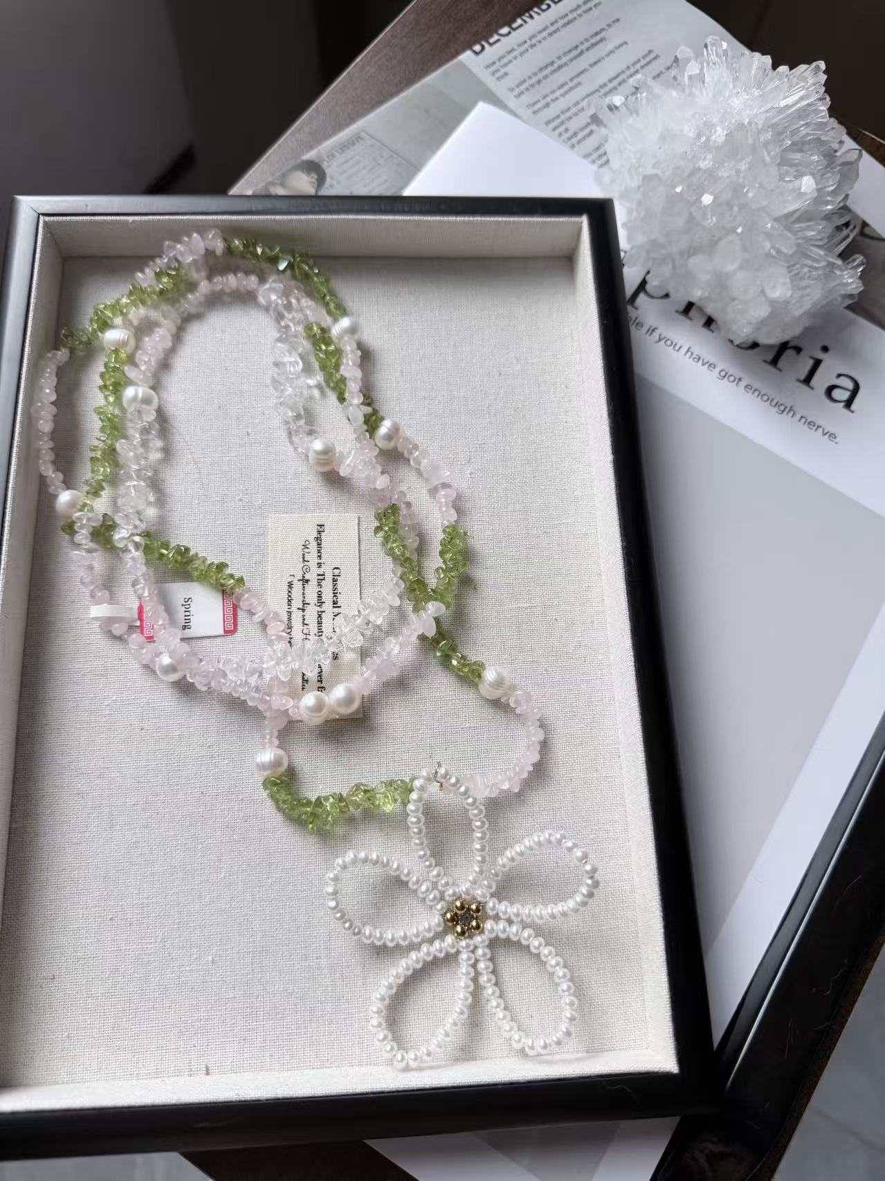 Rose Quartz, Prehnite & Shell Pearl Necklace
