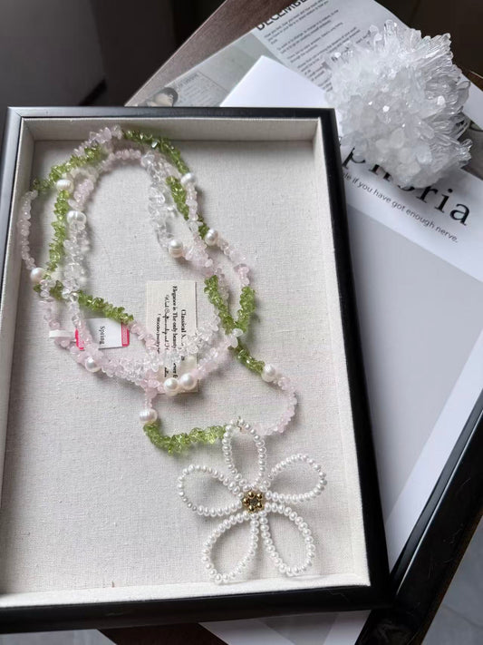 Rose Quartz, Prehnite & Shell Pearl Necklace