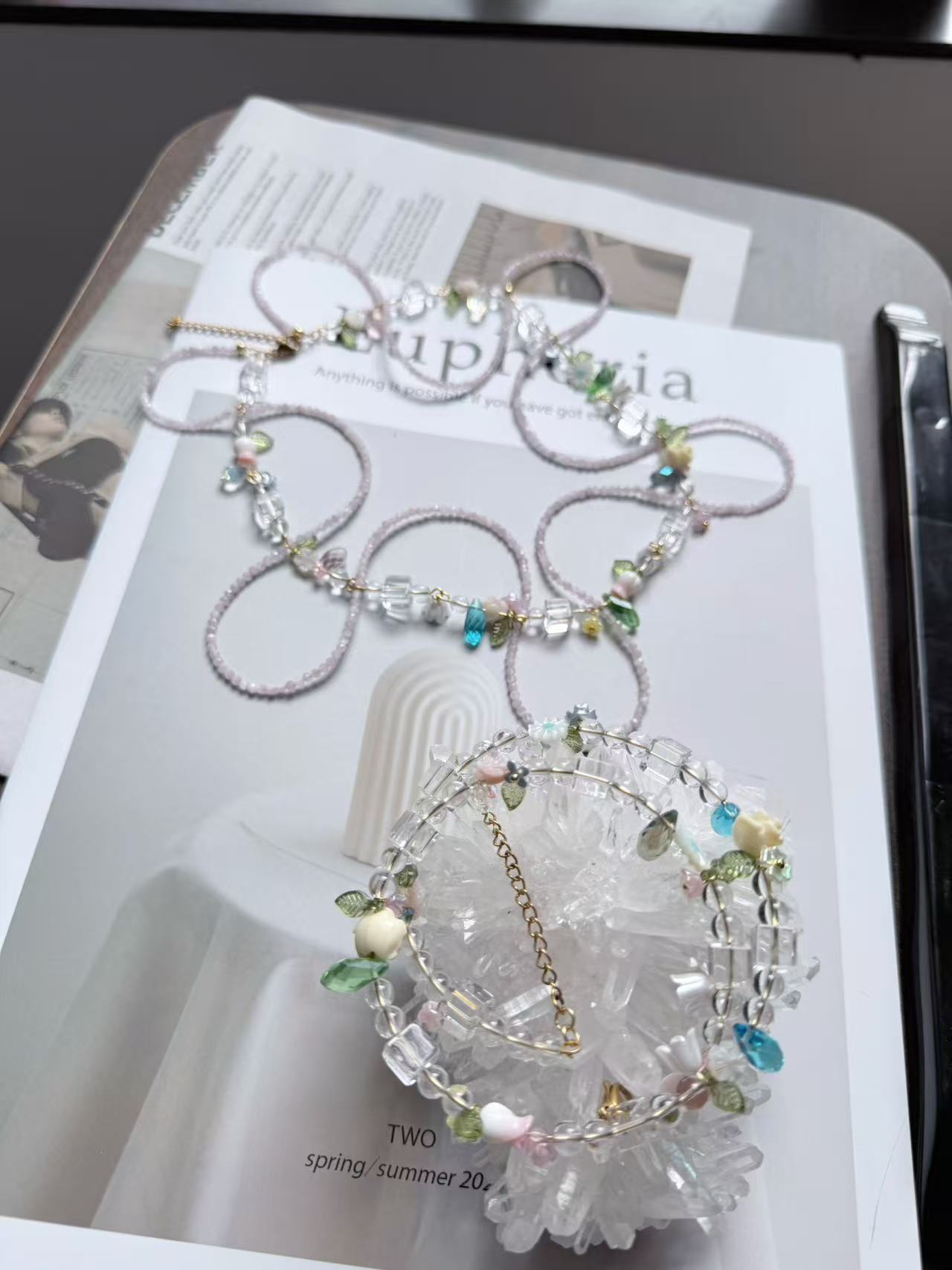 Spring vine set-Diopside,kunzite&2A clear qyartz Necklace&Bangle