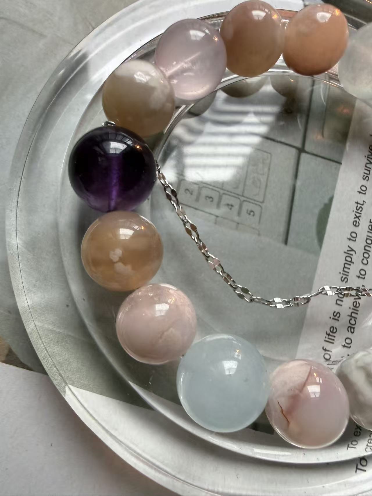 Flower Agate · Rose Quartz · Aquamarine Bracelet