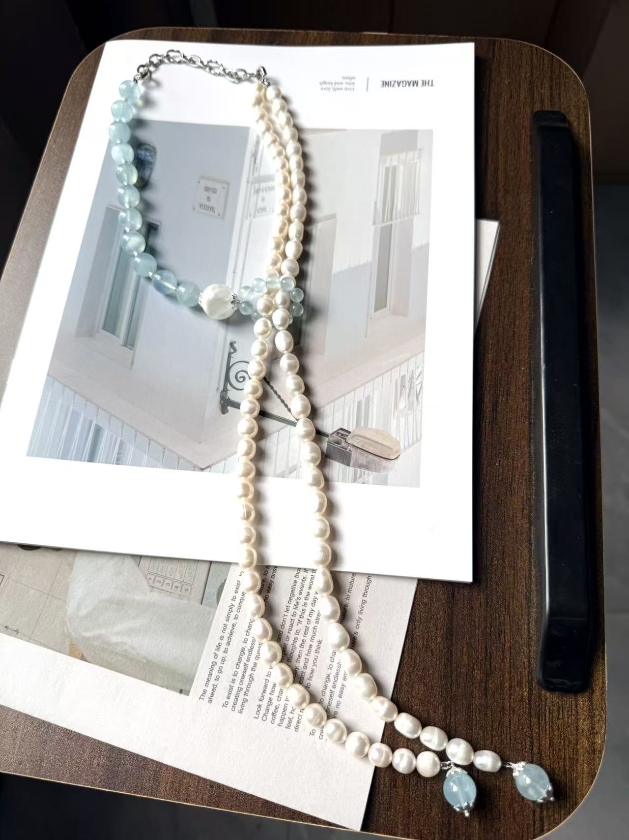 Baroque Pearl · Aquamarine · White Garden Long Necklace