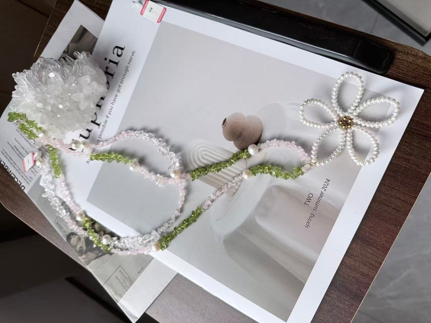 Rose Quartz, Prehnite & Shell Pearl Necklace